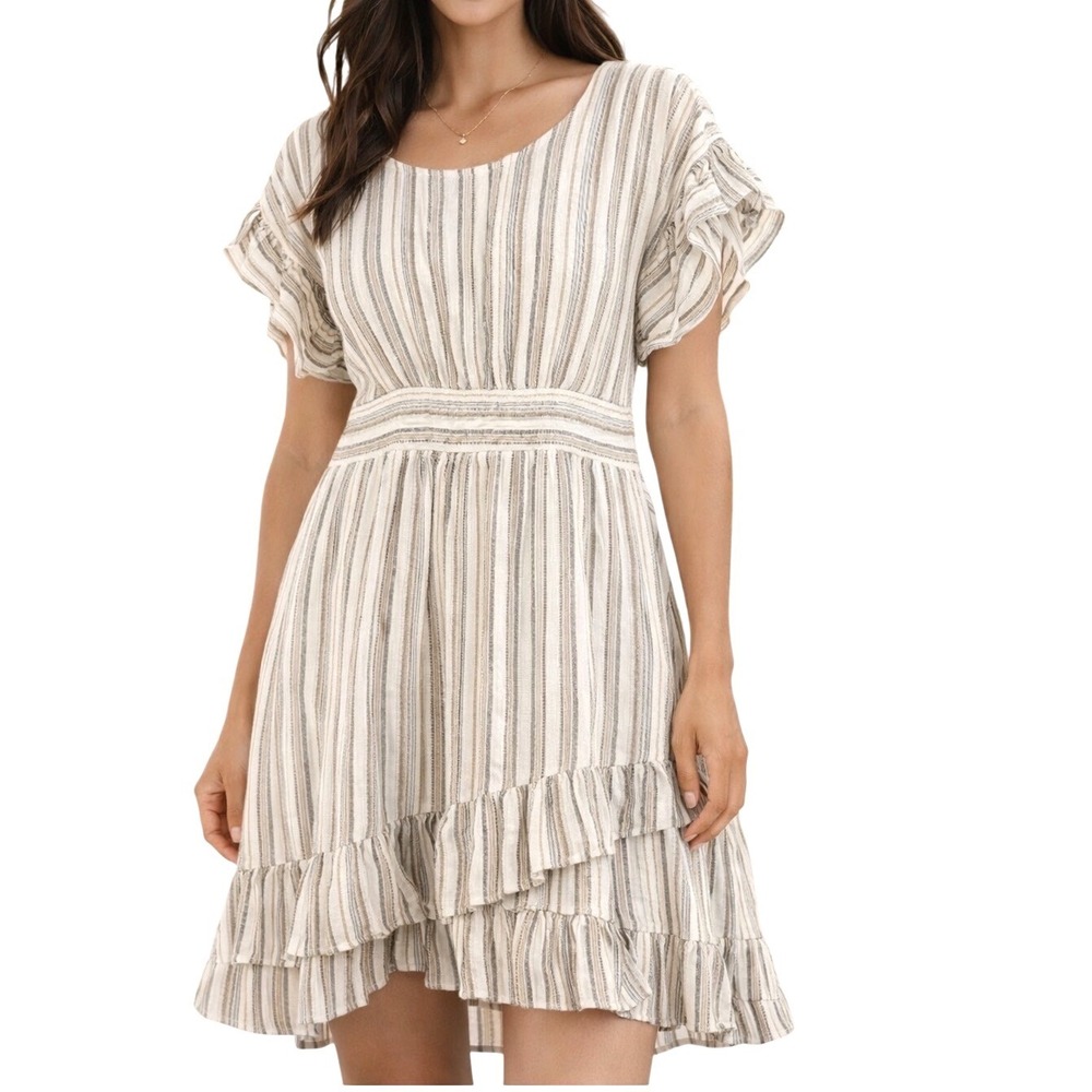 Ava James Womens Multicolor Striped Ruffle High Low Dress Large Linen Blend Tie